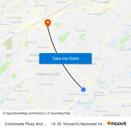 Colonnade Pkwy And Cahaba River Rd to St. Vincent's Neonatal Intensive Care Unit map