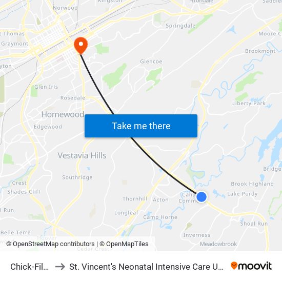 Chick-Fil-A to St. Vincent's Neonatal Intensive Care Unit map