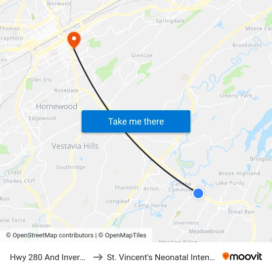 Hwy 280 And Inverness Pkwy to St. Vincent's Neonatal Intensive Care Unit map
