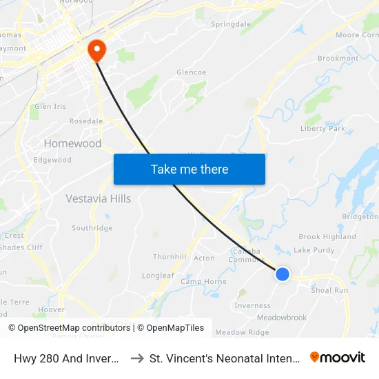 Hwy 280 And Inverness Plaza to St. Vincent's Neonatal Intensive Care Unit map
