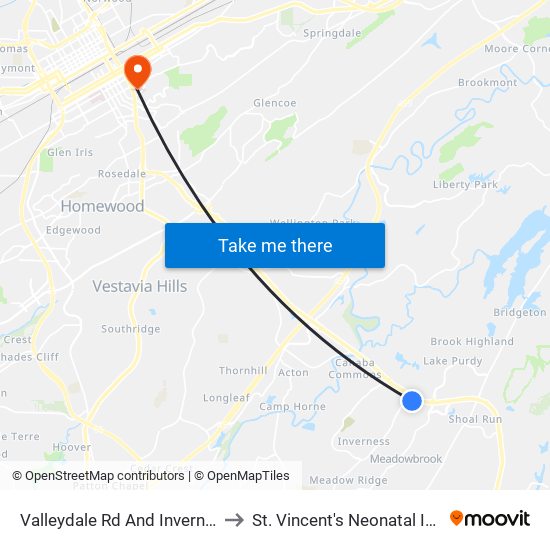 Valleydale Rd And Inverness Corner Shopp to St. Vincent's Neonatal Intensive Care Unit map