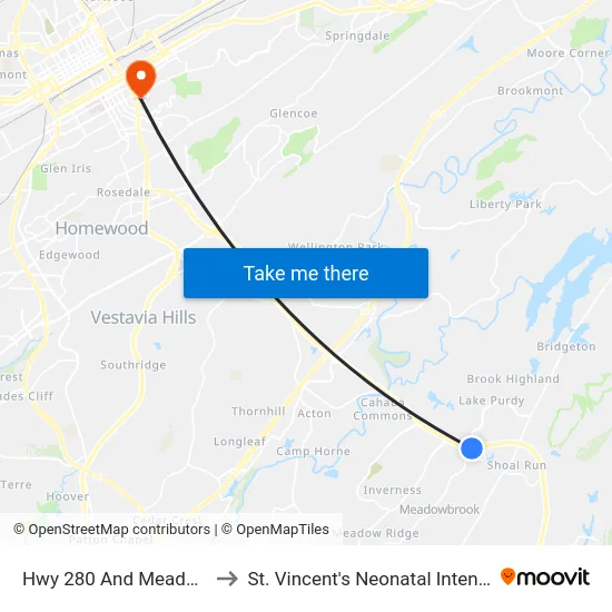Hwy 280 And Meadowbrook Rd to St. Vincent's Neonatal Intensive Care Unit map