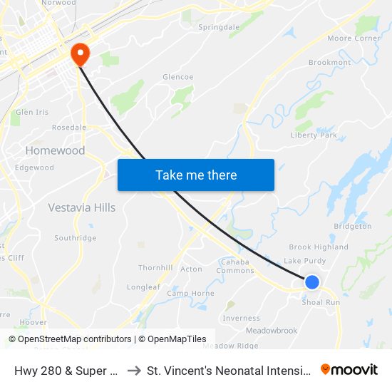 Hwy 280 & Super Walmart to St. Vincent's Neonatal Intensive Care Unit map