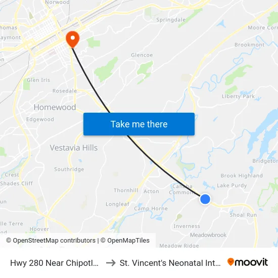 Hwy 280 Near Chipotle Mexican Grill to St. Vincent's Neonatal Intensive Care Unit map