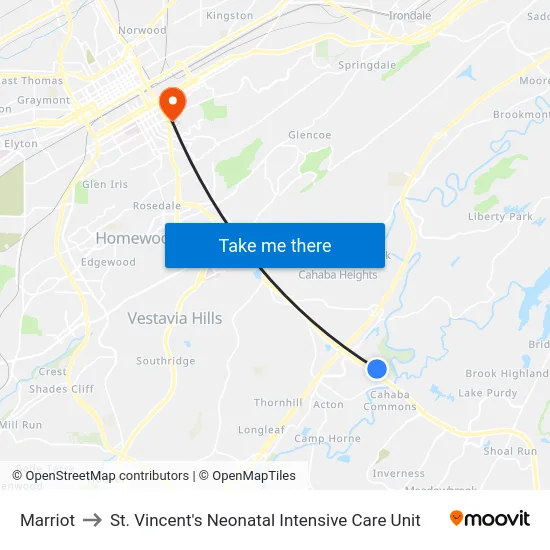 Marriot to St. Vincent's Neonatal Intensive Care Unit map