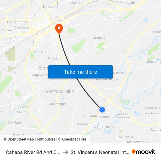 Cahaba River Rd And Colonnade Pkwy to St. Vincent's Neonatal Intensive Care Unit map