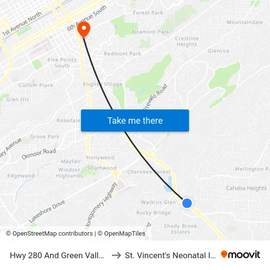 Hwy 280 And Green Valley Rd (Whole Foods to St. Vincent's Neonatal Intensive Care Unit map