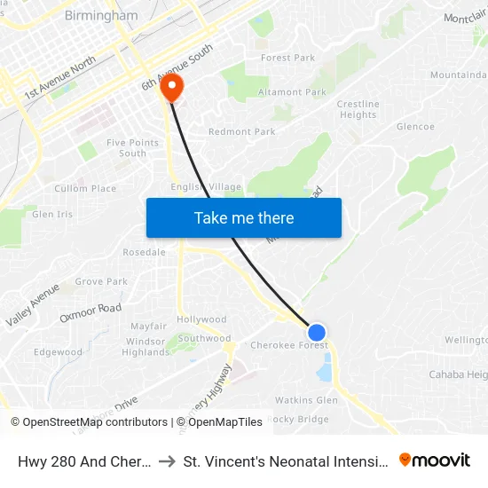 Hwy 280 And Cherokee Rd to St. Vincent's Neonatal Intensive Care Unit map