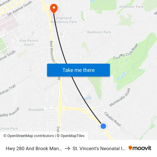 Hwy 280 And Brook Manor Dr (Mtn Brook Pl to St. Vincent's Neonatal Intensive Care Unit map