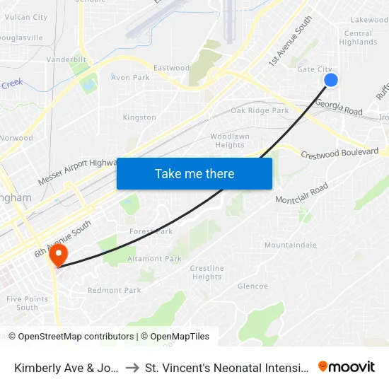 Kimberly Ave & Joppa Ave to St. Vincent's Neonatal Intensive Care Unit map