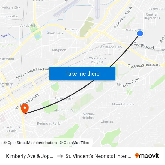 Kimberly Ave & Joppa Ave (Ib) to St. Vincent's Neonatal Intensive Care Unit map