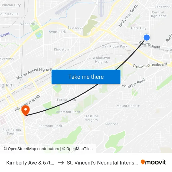 Kimberly Ave & 67th St S (Ib) to St. Vincent's Neonatal Intensive Care Unit map
