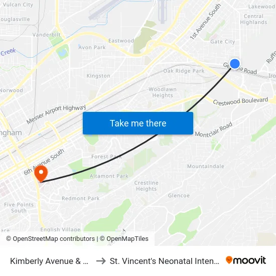 Kimberly Avenue & Georgia Rd to St. Vincent's Neonatal Intensive Care Unit map