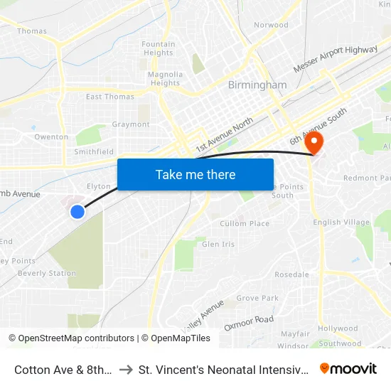Cotton Ave & 8th St SW to St. Vincent's Neonatal Intensive Care Unit map