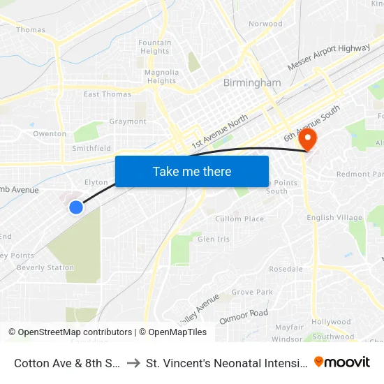 Cotton Ave & 8th St SW (Ib) to St. Vincent's Neonatal Intensive Care Unit map