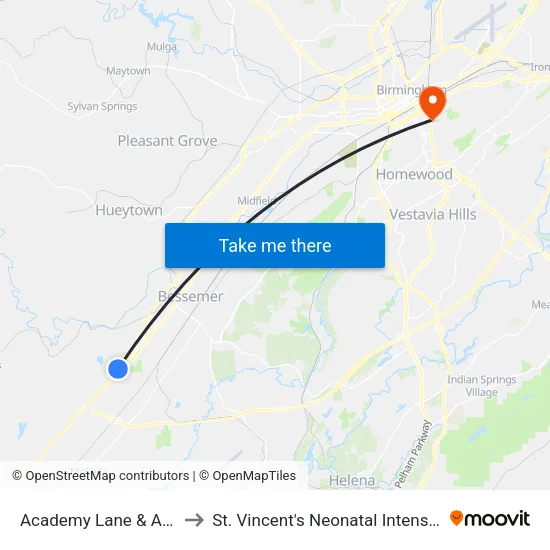 Academy Lane & Applebee's to St. Vincent's Neonatal Intensive Care Unit map