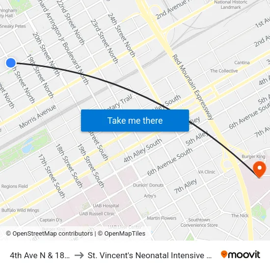 4th Ave N & 18th St to St. Vincent's Neonatal Intensive Care Unit map