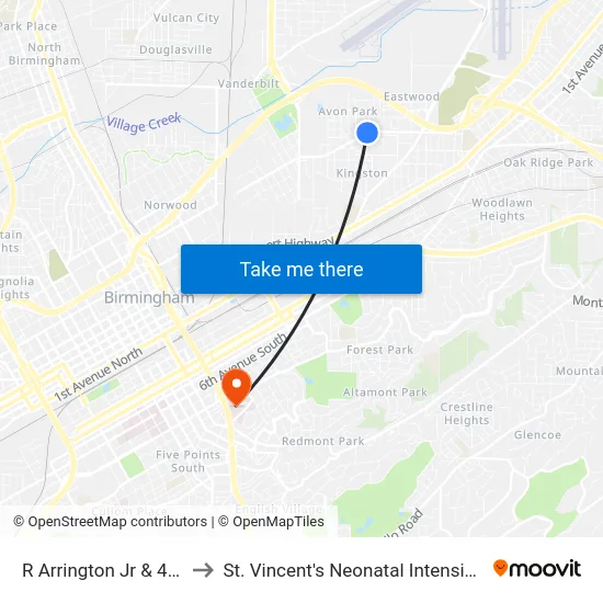 R Arrington Jr & 46th St N to St. Vincent's Neonatal Intensive Care Unit map