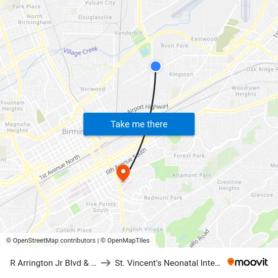 R Arrington Jr Blvd & 40th Pl St N to St. Vincent's Neonatal Intensive Care Unit map