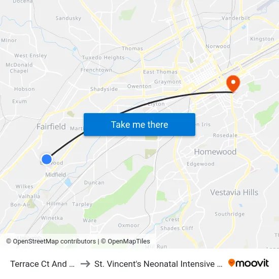 Terrace Ct And Ave D to St. Vincent's Neonatal Intensive Care Unit map