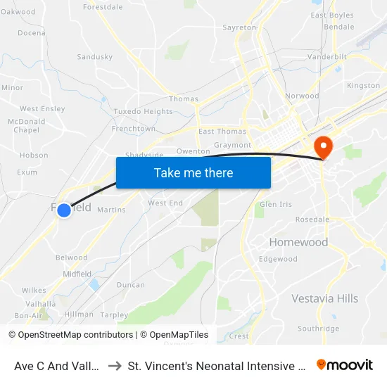 Ave C And Valley Rd to St. Vincent's Neonatal Intensive Care Unit map