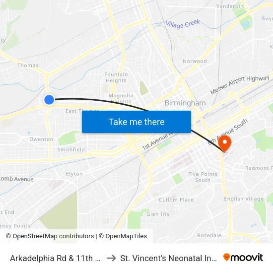 Arkadelphia Rd & 11th Court (Chevron) to St. Vincent's Neonatal Intensive Care Unit map