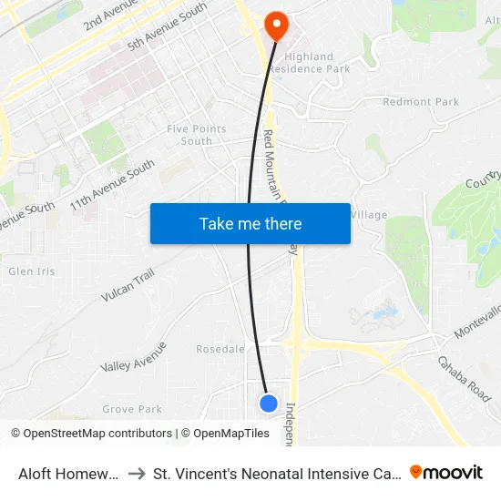 Aloft Homewood to St. Vincent's Neonatal Intensive Care Unit map