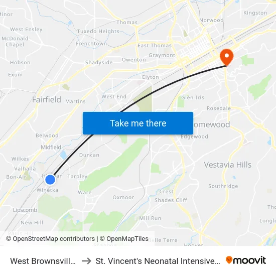 West Brownsville Park to St. Vincent's Neonatal Intensive Care Unit map