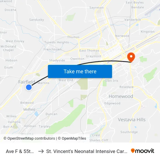 Ave F & 55th St to St. Vincent's Neonatal Intensive Care Unit map