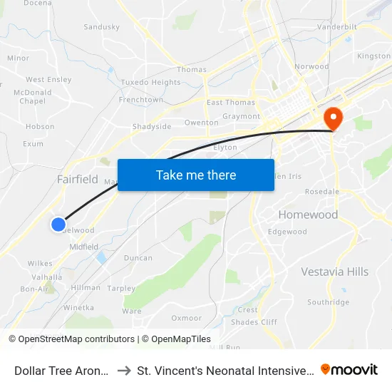 Dollar Tree Aronov Ave to St. Vincent's Neonatal Intensive Care Unit map