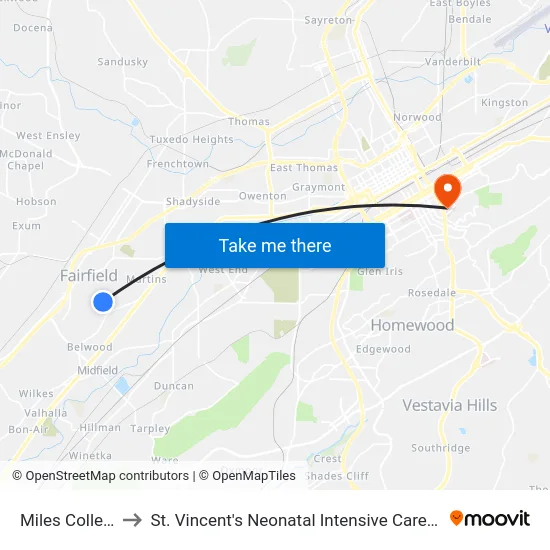 Miles College to St. Vincent's Neonatal Intensive Care Unit map