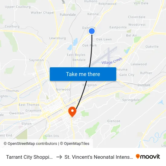 Tarrant City Shopping Center to St. Vincent's Neonatal Intensive Care Unit map