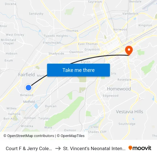 Court F & Jerry Coleman Street to St. Vincent's Neonatal Intensive Care Unit map