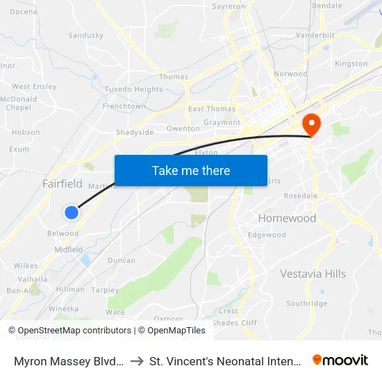 Myron Massey Blvd & 61st St to St. Vincent's Neonatal Intensive Care Unit map