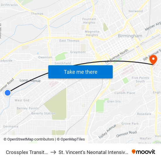 Crossplex Transit Center to St. Vincent's Neonatal Intensive Care Unit map