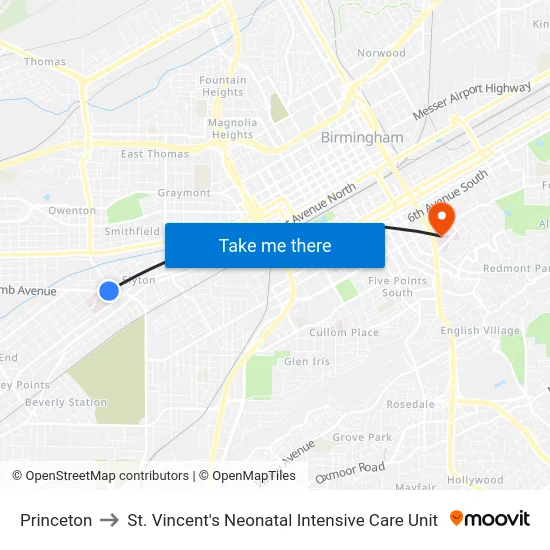 Princeton to St. Vincent's Neonatal Intensive Care Unit map