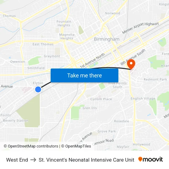West End to St. Vincent's Neonatal Intensive Care Unit map