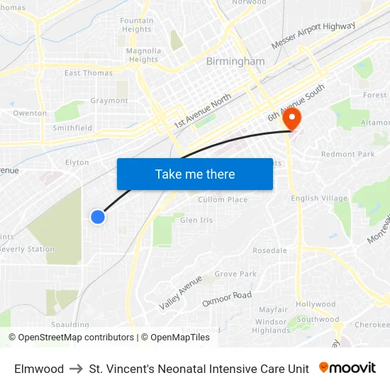 Elmwood to St. Vincent's Neonatal Intensive Care Unit map