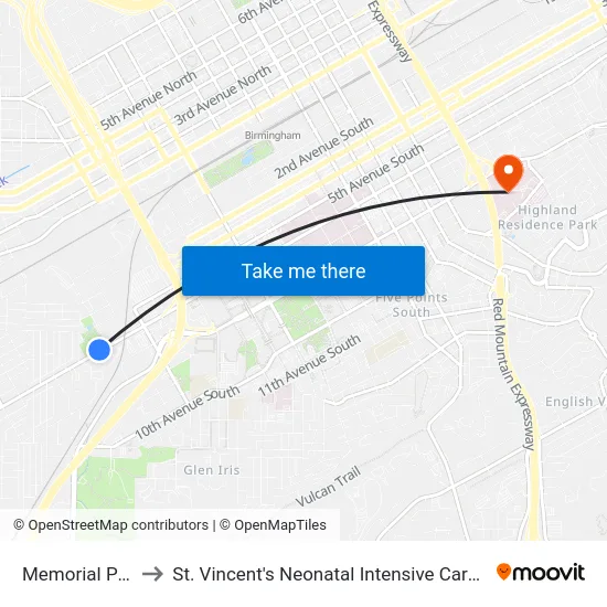 Memorial Park to St. Vincent's Neonatal Intensive Care Unit map