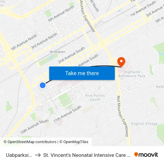 Uabparkside to St. Vincent's Neonatal Intensive Care Unit map