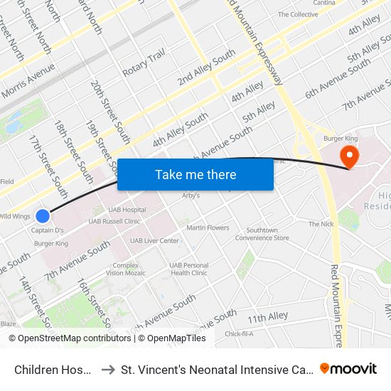 Children Hospital to St. Vincent's Neonatal Intensive Care Unit map