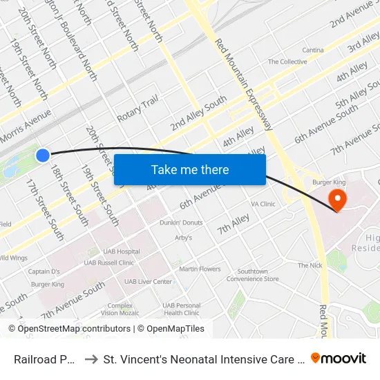 Railroad Park to St. Vincent's Neonatal Intensive Care Unit map