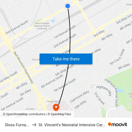 Sloss Furnance to St. Vincent's Neonatal Intensive Care Unit map