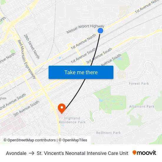 Avondale to St. Vincent's Neonatal Intensive Care Unit map