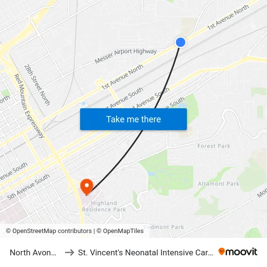 North Avondale to St. Vincent's Neonatal Intensive Care Unit map