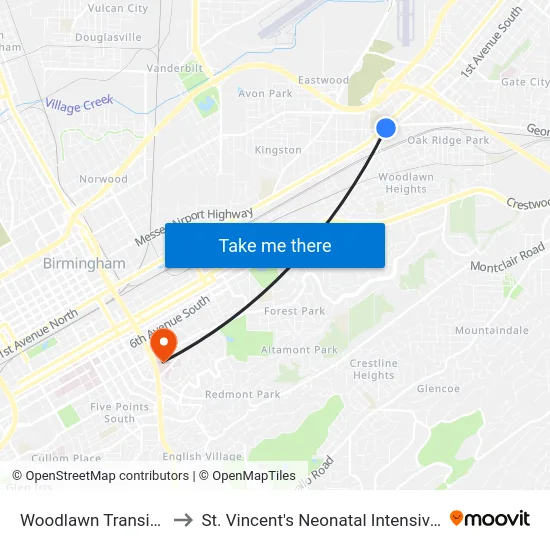 Woodlawn Transit Center to St. Vincent's Neonatal Intensive Care Unit map