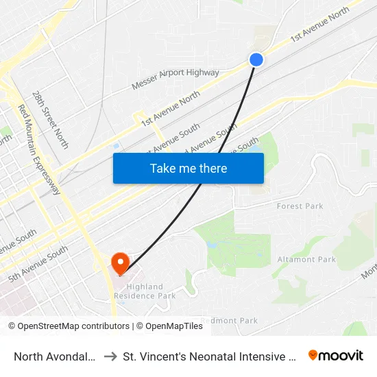 North Avondale (Ib) to St. Vincent's Neonatal Intensive Care Unit map