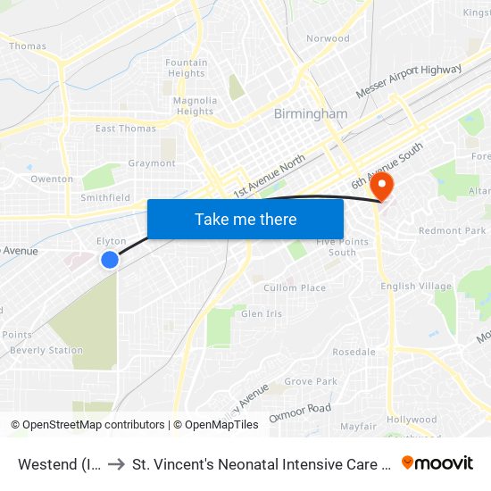 Westend (Ib) to St. Vincent's Neonatal Intensive Care Unit map