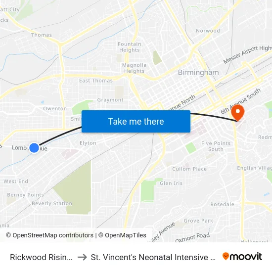 Rickwood Rising (Ib) to St. Vincent's Neonatal Intensive Care Unit map