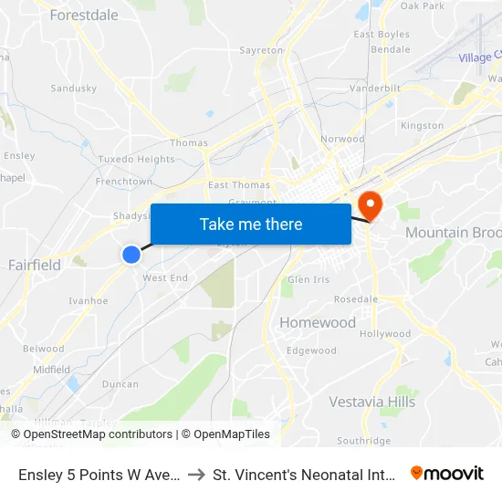 Ensley 5 Points W Ave & Warrior Rd to St. Vincent's Neonatal Intensive Care Unit map